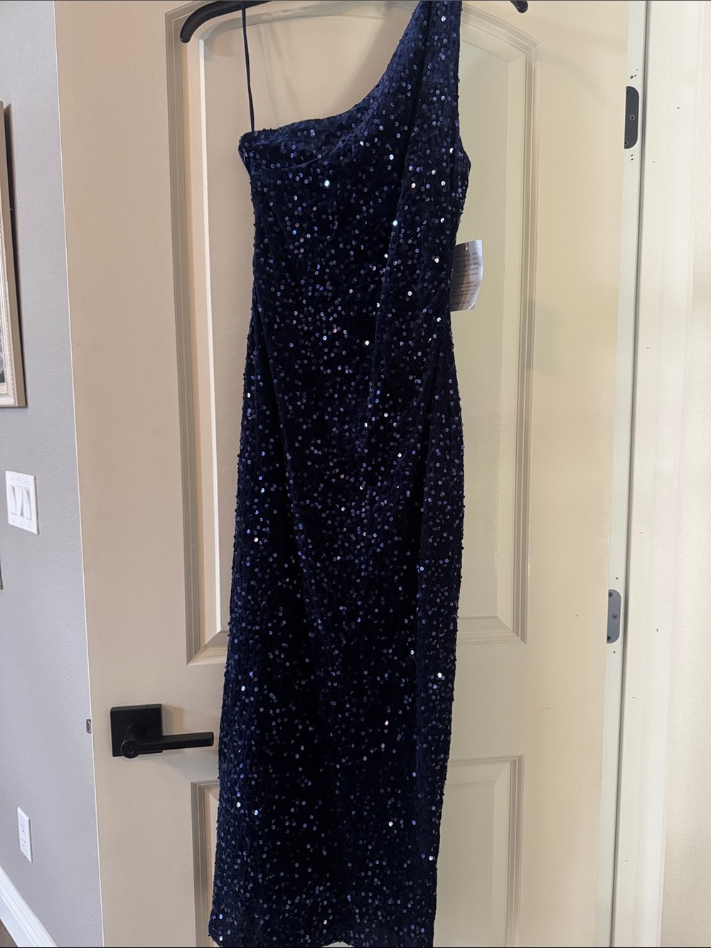 Petal and Pup One-Shoulder Navy Sequin Gown